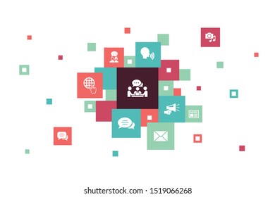 communication Infographic 10 steps pixel design.internet, message, discussion, announcement icons