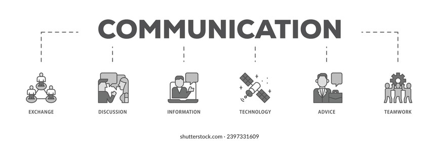 Communication infographic icon flow process which consists of exchange, discussion, information, technology, advice, and teamwork icon live stroke and easy to edit