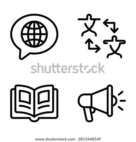 Communication and information line icon collection with translation language megaphone communication information dialogue education learning