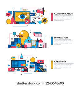 Communication, Innovation and Creativity. Set of three illustration in retro memphis style.
