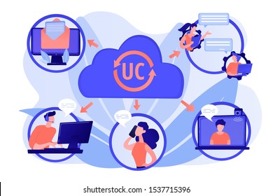 Communication integration. Collaboration service. Unified communication, unified communications platform, consistent unified user interface concept. Pink coral blue vector isolated illustration