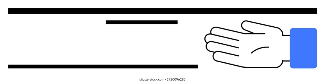 Kommunikation, Interaktion, Gesten, Navigation, Minimalismus, Grafikdesign. Eine Hand in einer Geste, die von horizontalen Linien begleitet wird. Interaktions- und Kommunikationskonzept in grafischer Form