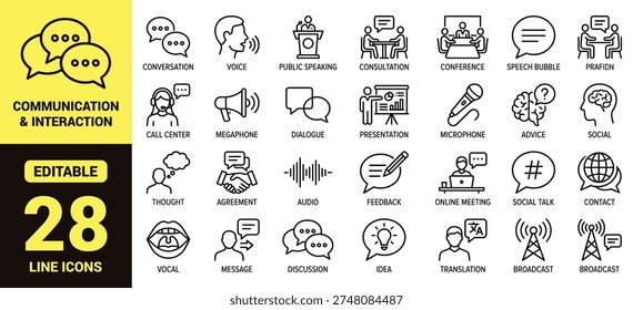 Communication and interaction icon set with conversation, voice, dialogue, meetings, feedback, translation, broadcast, and essential communication ranking symbols in clean modern line‑art style
