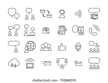 Communication and interaction icons. Vector thin line pictograms of ways of communicating and sharing information through real life interactions or technology devices.