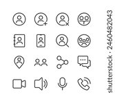 Communication and Interaction, linear style icon set. User interface visuals for connecting and engaging with others. Messaging, voice and video calls, contact management. Editable stroke width.