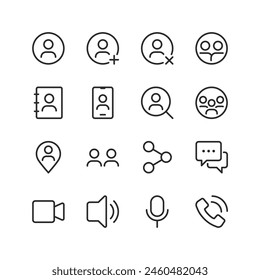 Communication and Interaction, linear style icon set. User interface visuals for connecting and engaging with others. Messaging, voice and video calls, contact management. Editable stroke width.