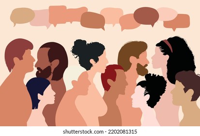 The communication and interaction of a multiethnic group. Crowd talking among themselves. Sharing information and ideas. Vector cartoon. Speak about globalization and communication.