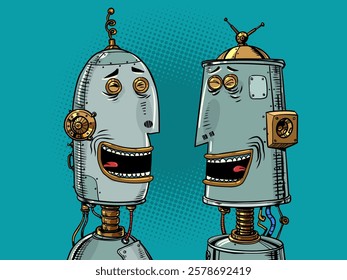 Communication interaction of robots with each other. Development of AI in vintage style. Cyborg friends laugh together. Comic cartoon pop art retro vector illustration hand drawing