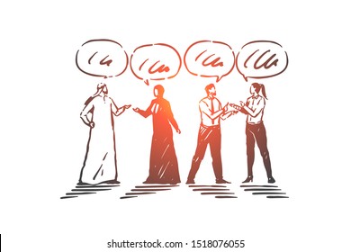 Communication, interaction, teamwork concept sketch. Hand drawn isolated vector