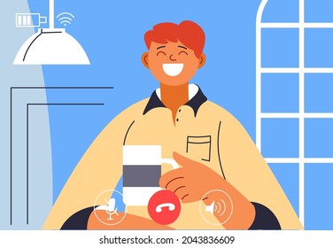 Communication and interaction via internet and online video calls. Smiling teenager drinking coffee or tea in restaurant or cafe talking on web using camera for connection. Vector in flat style