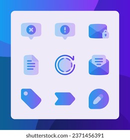 Communication interface icons in gradient style, for ui ux design, website icons, interface and business. Including message po up, lock mail, price tag, letter, write message, etc.