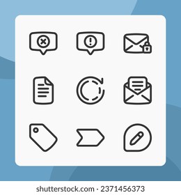 Communication interface icons in line style, for ui ux design, website icons, interface and business. Including message po up, lock mail, price tag, letter, write message, etc.