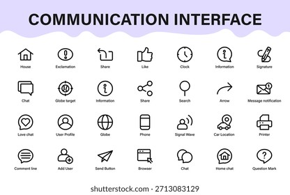 Communication interface icons. messaging, alerts, navigation, sharing, signals, and modern interaction elements collection.