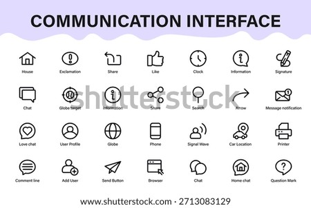 Communication interface icons. messaging, alerts, navigation, sharing, signals, and modern interaction elements collection.