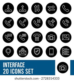 Conjunto de iconos circulares de línea de comunicación e interfaz: llamada telefónica, mensaje, Descarga, Cargar y símbolos de interfaz de usuario móvil