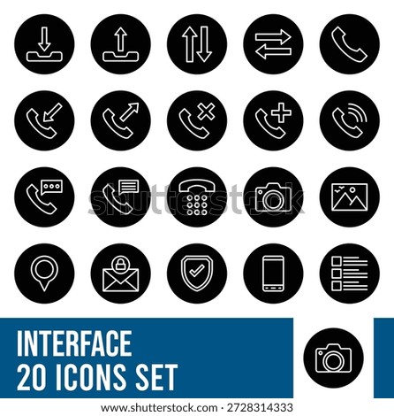 Communication and Interface Line Circular Icons Set – Phone Call, Message, Download, Upload and Mobile UI Symbols