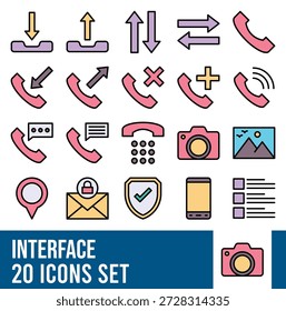 Conjunto de iconos de color de línea de comunicación e interfaz: llamada telefónica, mensaje, Descarga, Cargar y símbolos de interfaz de usuario móvil