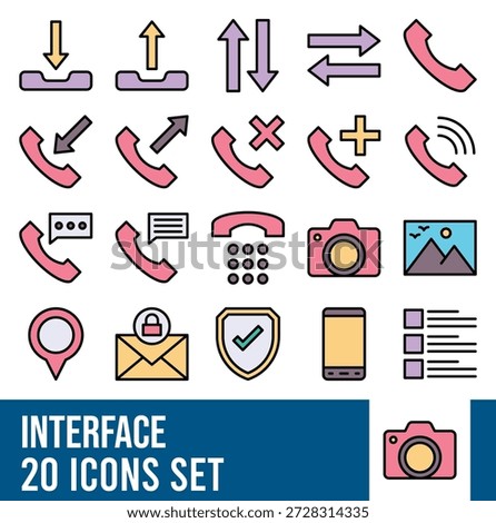 Communication and Interface Line Colour Icons Set – Phone Call, Message, Download, Upload and Mobile UI Symbols