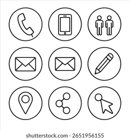 Conjunto de iconos de línea de comunicación e interfaz: teléfono, correo electrónico, Locación, lápiz, Compartir y símbolos de cursor en el contorno del círculo: diseño de Vector de UX de interfaz de usuario mínima para aplicaciones de Web y móviles