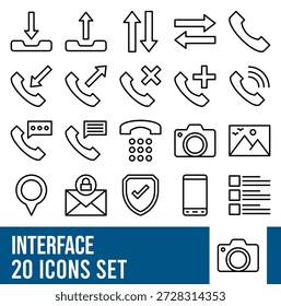 Conjunto de iconos de línea de comunicación e interfaz: llamada telefónica, mensaje, Descarga, Cargar y símbolos de interfaz de usuario móvil