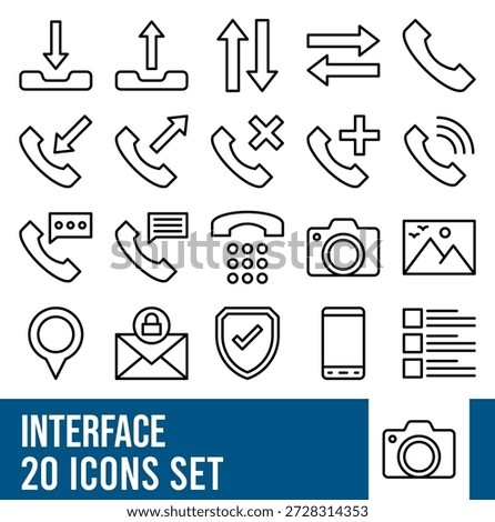 Communication and Interface Line Icons Set – Phone Call, Message, Download, Upload and Mobile UI Symbols