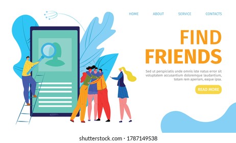 Communication in internet, mobile technology concept vector illustration. People find friends in smartphone web app. Man woman character at online social media cartoon application.