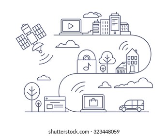 Communication and internet usage concept. Network, remotely communicate, line vector illustration