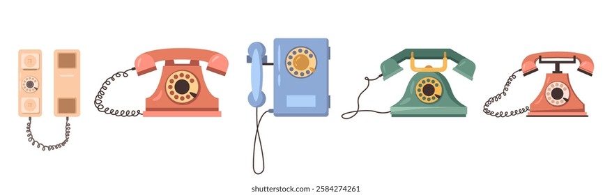 Communication invention, retro mobile phone evolution. Vector flat cartoon style, isolated devices and gadgets from different generations and times. Rotary dial system for calling on wire