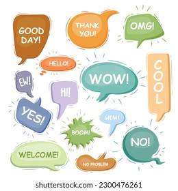 Communication labels. Cartoon things bubbles with humor phrase text sound Handdrawn vector