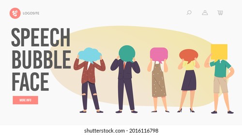 Communication Landing Page Template. Characters with Speech Bubbles Faces. Young Men and Women Chatting, Communicate, Discussing and Make Decisions. Cartoon People Vector Illustration