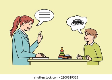 Communication and learning class concept. Young smiling woman teacher standing and talking to small boy teaching him during class vector illustration 