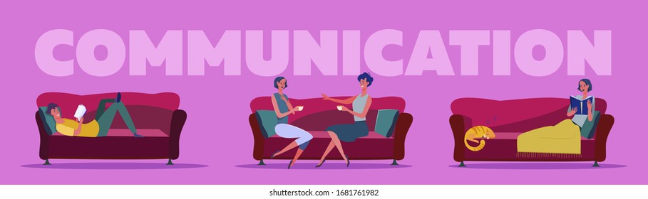 Communication and leisure at home set. People talking, reading book on couch, bedroom interior. Flat vector illustrations. Relationship, leisure concept for banner, website design or landing web page