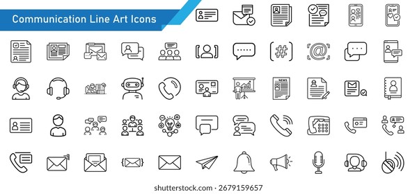 Symbolsatz für Kommunikationslinien-Grafiken. 50 Vektorsymbole für Chat-E-Mail, Telefon-Messaging, soziale Medien, Zusammenarbeit und Design digitaler Verbindungen