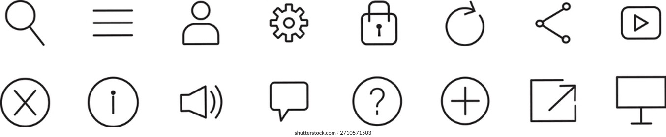 Communication line Contact us vector icon set, contact, search, heart, chat, settings, globe, and checkmark, communication support symbols,
