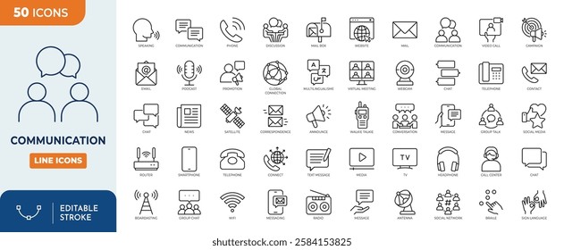 Communication line editable icon set. Containing speak, phone, mail, contact, chat, website, satellite, radio, message and more. vector illustration.