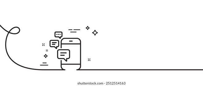 Icono de línea de comunicación. Línea continua con rizo. Símbolo de chat de smartphone. Firma de mensajes comerciales. Cinta de contorno único de comunicación. Patrón de curva de bucle. Vector