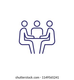 Communication line icon. People sitting at table. Business meeting concept. Can be used for topics like job interview, negotiation, conference