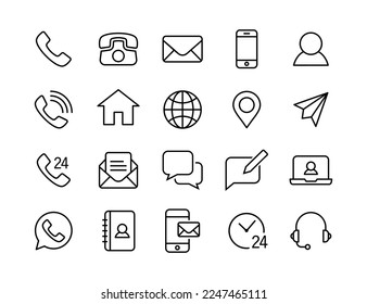 Conjunto de iconos de la línea de comunicación. colección vectorial de símbolos de contacto