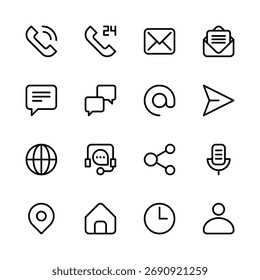 Communication line icon set. Contact icon set. Contact us, Help, Support line icons. Contact ui icons.