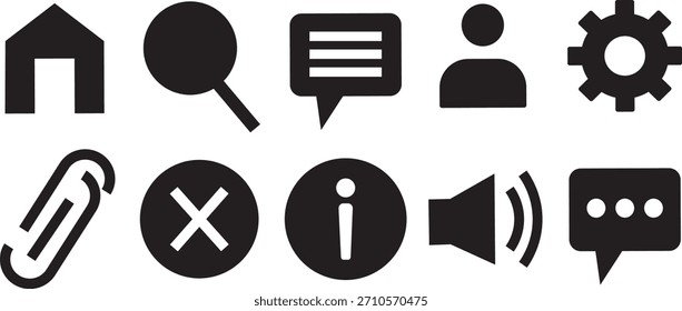 Symbolsatz für die Kommunikationszeile, Kontakt, Suche, Herz, Chat, Einstellungen, Globus und Häkchen, Symbole für die Kommunikationsunterstützung,
