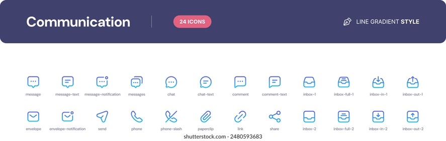 Communication line icon set. icon set. Essential UI Icons Set in Line Gradient Style. The set consists of essential and commonly-used icons that every UI designer needs.