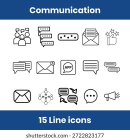 Kommunikationszeilen-Symbolsatz mit Chat, Chat-Blase, Nachricht, Textnachricht, Konversation, Kommentar, Antwort, Feedback, Diskussion, Ankündigung, Gruppenunterhaltung, Messaging-App, Tipp-Indikator, Nachricht lesen und ungelesene Nachricht. Saubere Konturen, Vektorsymbole, perfekt für mobile Apps, Websites, Dashboards, UI-UX-Design, Social-Media-Plattformen, Kundensupportsysteme und moderne digitale Kommunikationsprojekte.