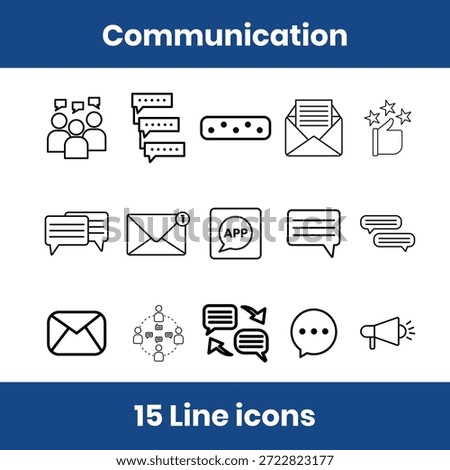 Communication line icon set featuring chat, chat bubble, message, text message, conversation, comment, reply, feedback, discussion, announcement, group conversation, messaging app, typing indicator, read message, and unread message. Clean outline vector icons perfect for mobile apps, websites, dashboards, UI UX design, social media platforms, customer support systems, and modern digital communication projects.