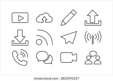 Communication line icon set including symbols for cloud upload, download, email, chat, call, video, wifi, and users. Linear vectors with editable stroke.Communication line icon set including symbols for cloud upload, download, email, chat, call, video, wifi, and users. Linear vectors with editable stroke.