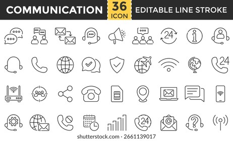 Communication Line Icon Set. Pixel Perfect and Outline Editable Stroke Icons collection for Dialogue, Voice Message, Online Chat, Messaging, Call, Talk, Speech, Email, Contact