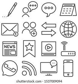 Communication line icons set. linear style symbols collection, outline signs pack. vector graphics. Set includes icons as writing message, chat message, add contact, wifi router, world network, phone