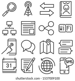 Communication line icons set. linear style symbols collection, outline signs pack. vector graphics. Set includes icons as broadcast antenna, transfer arrows, link share, chat message, computer network