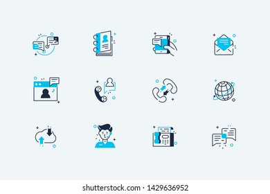 Communication line icons set vector illustration. Collection consists of online messaging, mail, phone, envelope, group chat, video call, notification flat style concept. Isolated on white