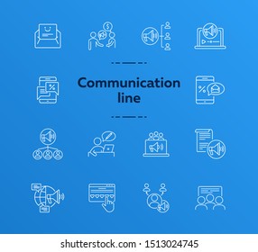 Communication line icons. Set of line icons. Woman talking, people at conference. Interaction concept. Vector illustration can be used for topics like business, public speaking