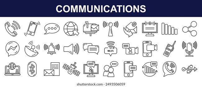 Colección del icono del Vector de la línea de comunicaciones. Un conjunto de iconos de esquema relacionados con el contacto, teléfono, Sitio web, correo, chat, satélite, radio, antena, mensaje y más. Trazo editable. Ilustración vectorial